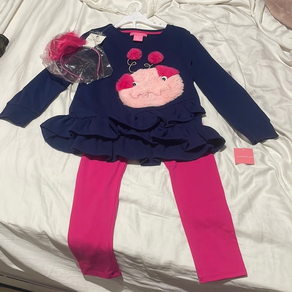 Isaac Mizrahi 6x hot pink leggings blue ruffled monster top headband combo nwt